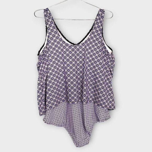 Lands End Womens Swimsuit Sz 2X Navy Print One Pc Tank Beachy Tankini UPF 50 Plu - Picture 3 of 12